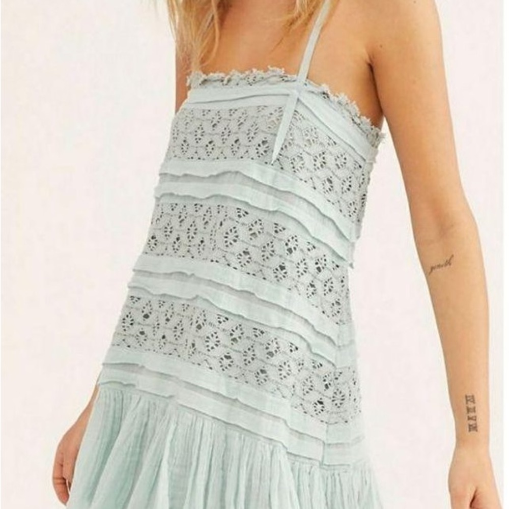 New Free People FP One Shailee Slip Dress Lace Mint Sky Blue Green Cotton Medium - Picture 8 of 11